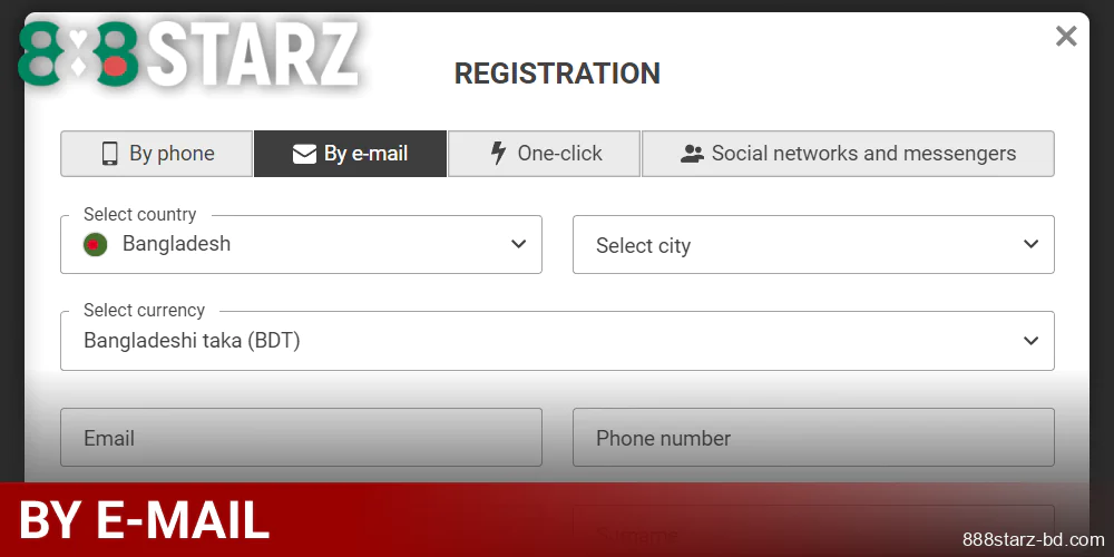 Registering on 888Starz by E-Mail